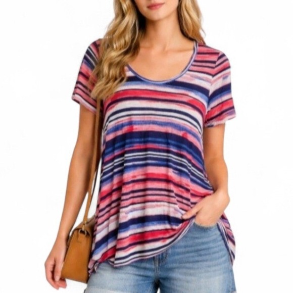 Artis A Nany Tops - Artis A Nany Striped Tunic Top Red Blue White Scoop Neck Flowy Casual  Tee 1X